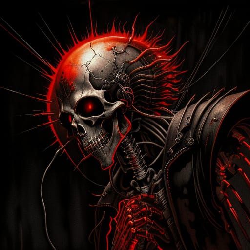 Cybernetic Heart in Skeletal Hand: Macabre Sci-Fi Art
