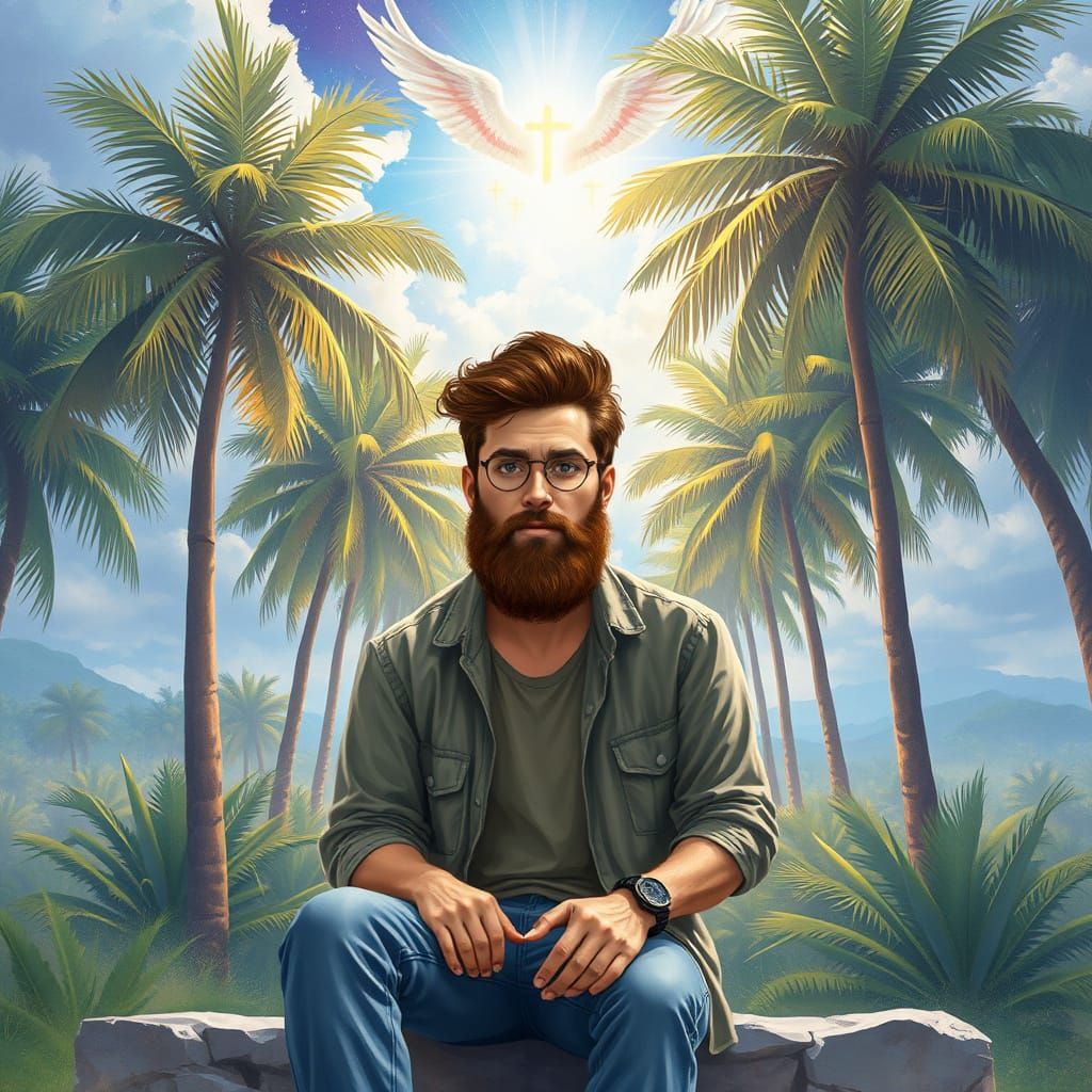 Ethereal Landscape with Palm Grove, Watercolor Style