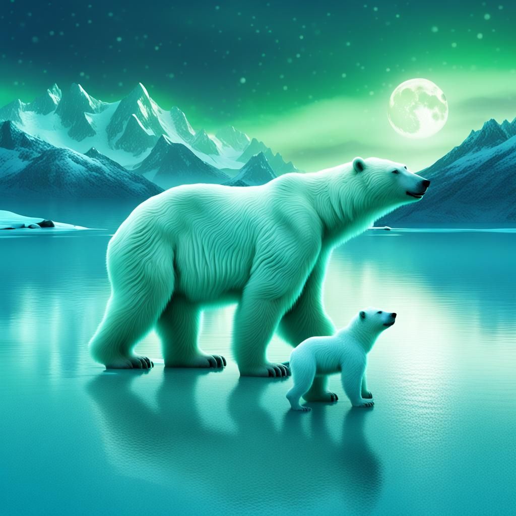 Polar Bear Family on Frozen Lake in Steampunk Moonlight
