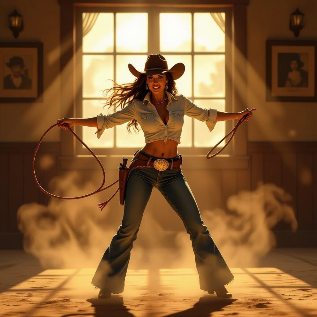 Energetic Cowgirl Dances in Dusty Saloon, Golden Hour