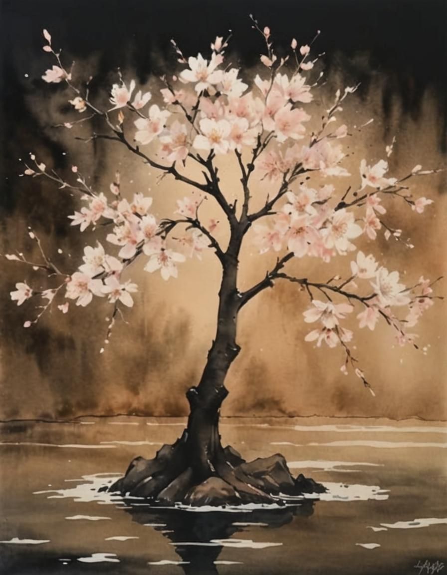 Masterpiece: High Contrast Watercolor Cherry Blossoms