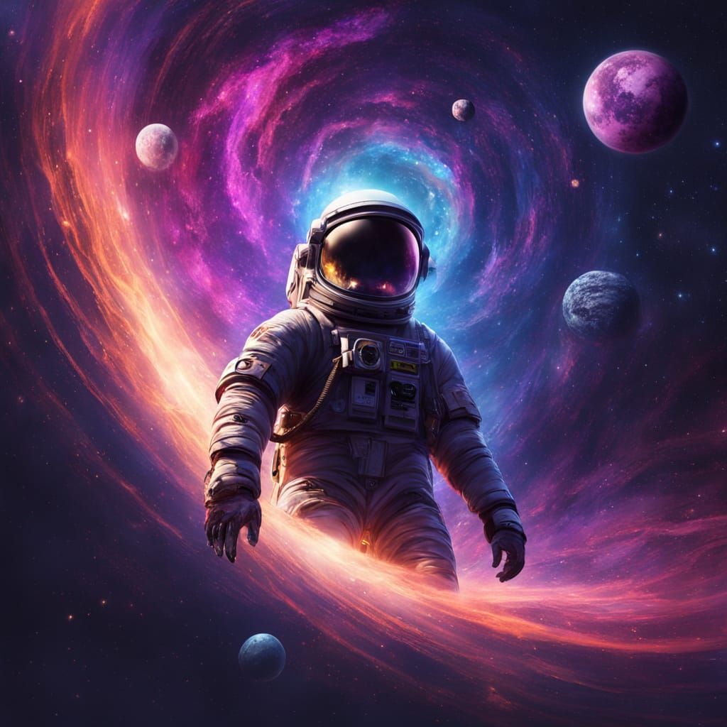 Lone Astronaut Drifts Through Vivid Cosmic Nebula