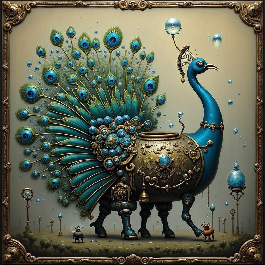 Steampunk Peacock in Ethereal Turquoise and Gold