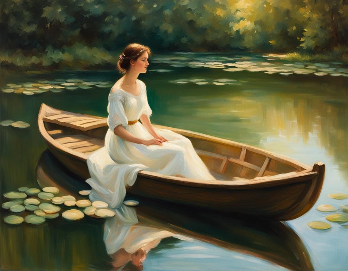 Woman in Boat: A Romantic Renaissance Oil Painting