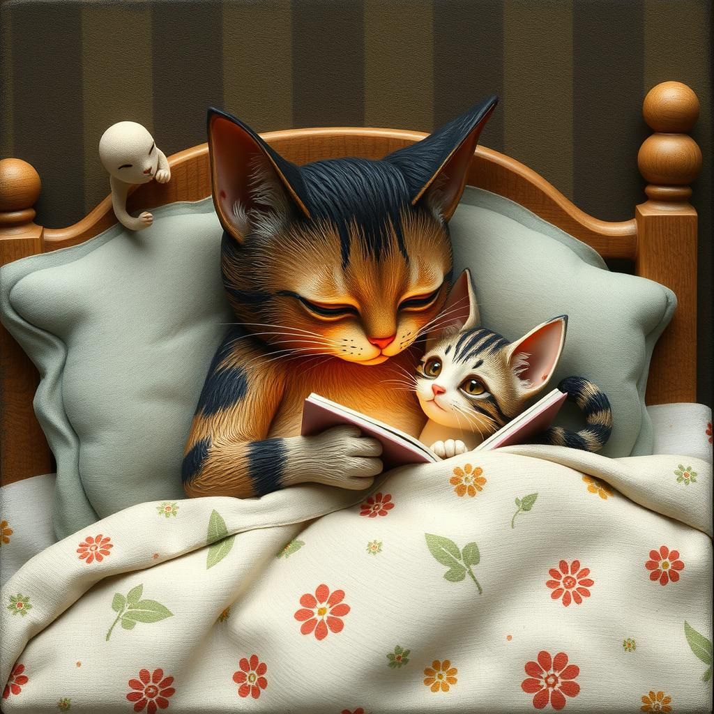Whimsical Cat Reads to Kitten in Bed