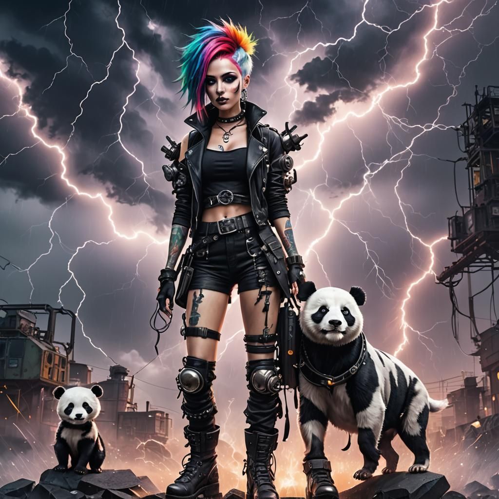 Cyberpunk Goth Girl with Panda in Lightning Storm