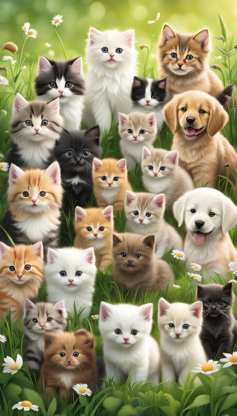 Adorable Animal Babies Gathered in Lush Meadow