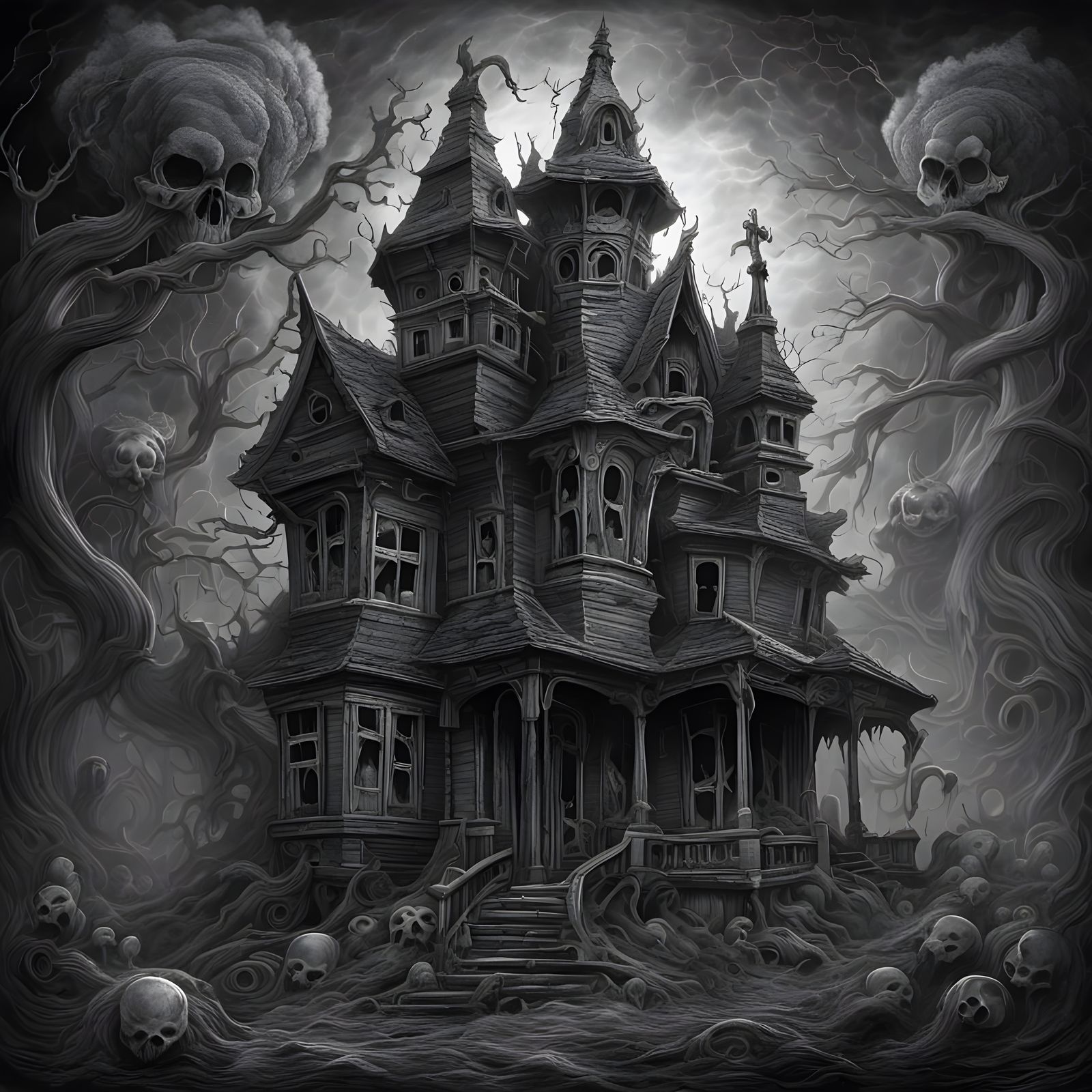 Sinister Haunted House with Broken Tombstone in Charcoal