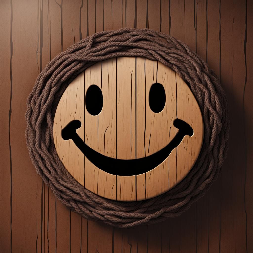 Detailed Smiley Face Made of Wood, Yarn and Metal