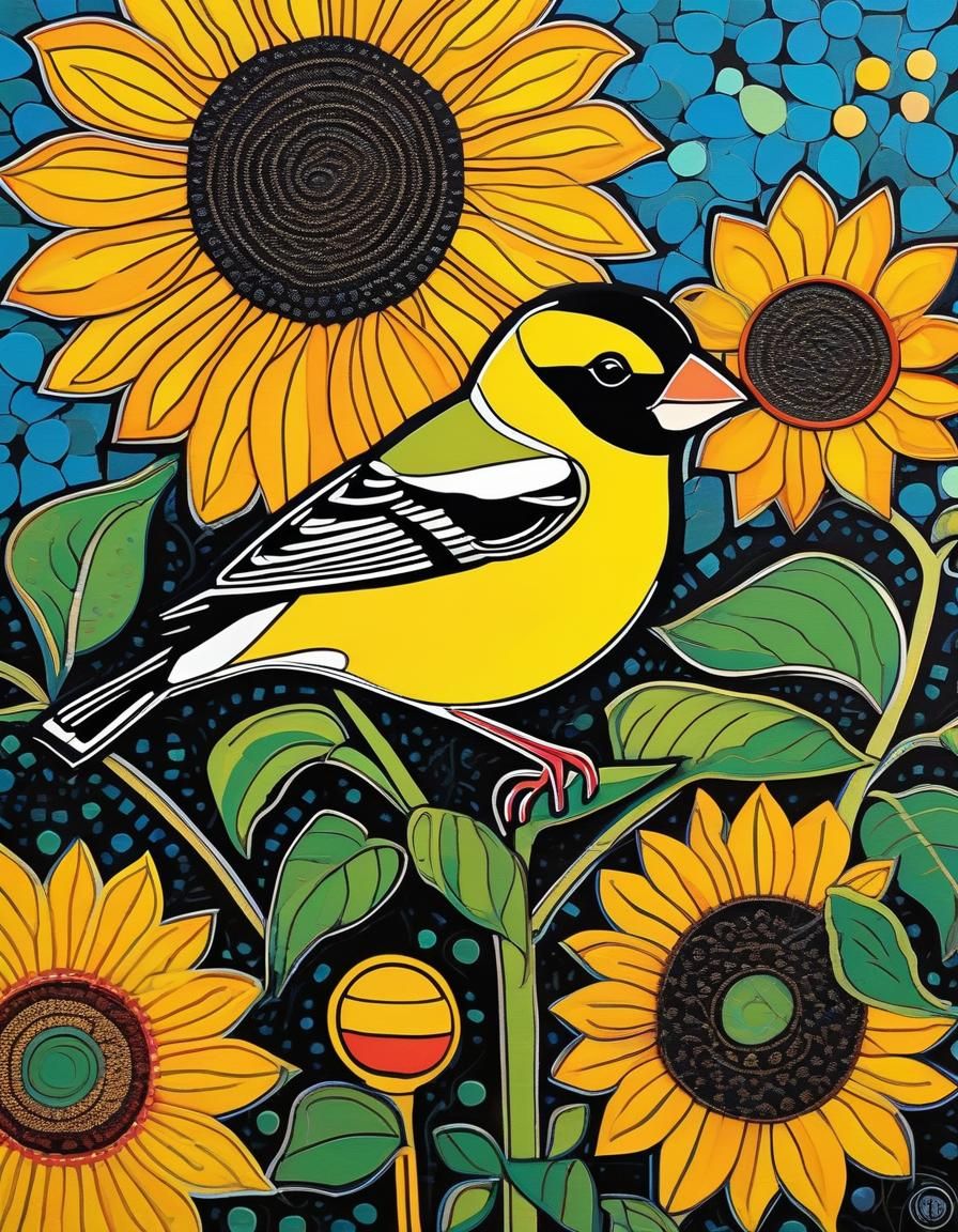 Goldfinch and Sunflower Folk Art Illustration