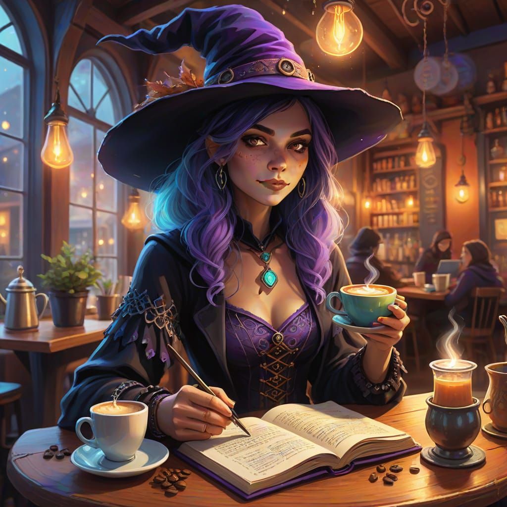 Modern Witch Brews Coffee in Cozy Cafe Digital Painting