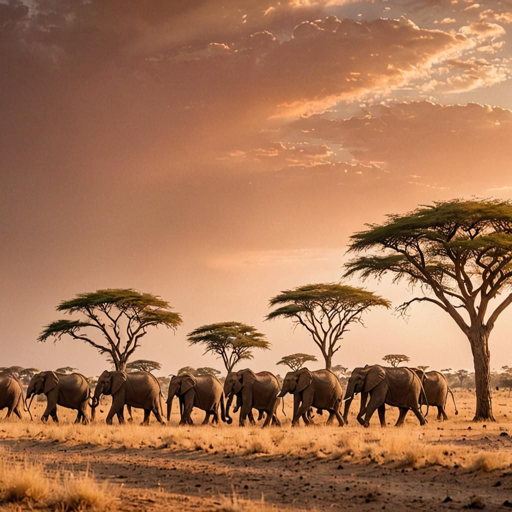Elephants in African Savanna at Golden Hour