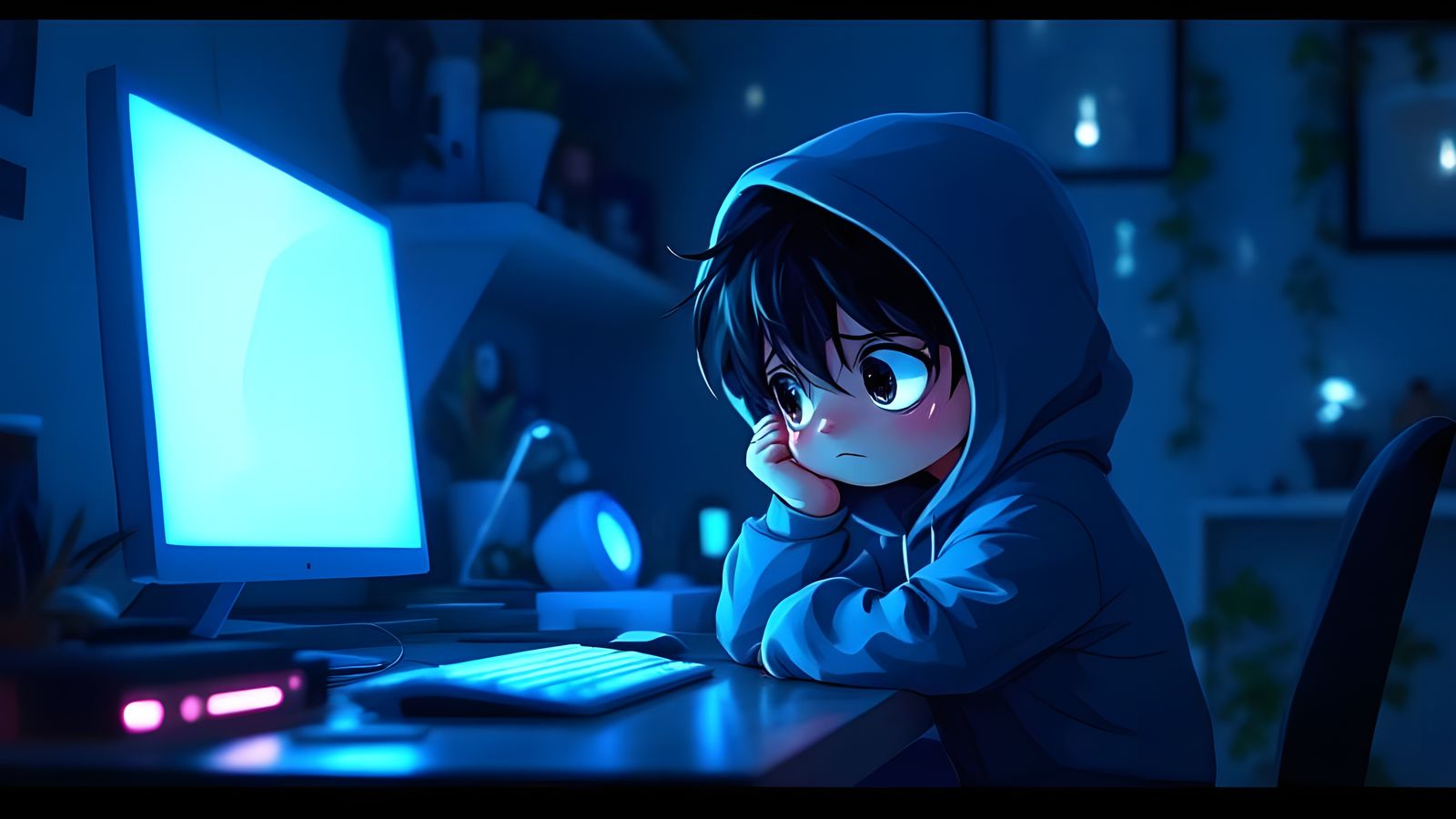 Sad Chibi Boy in Neon Cyberpunk Room