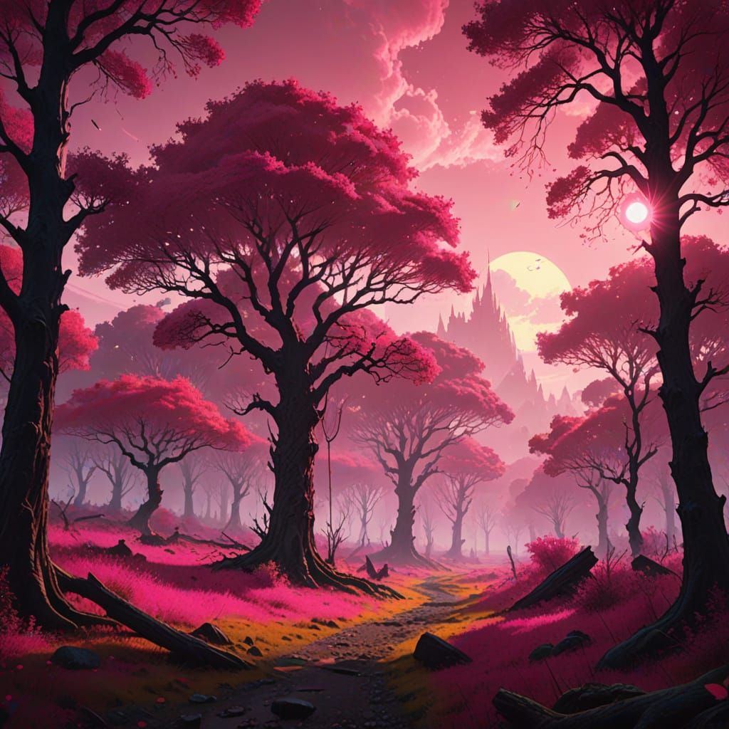 Pink Laser Fantasy Landscape: Art Nouveau Style