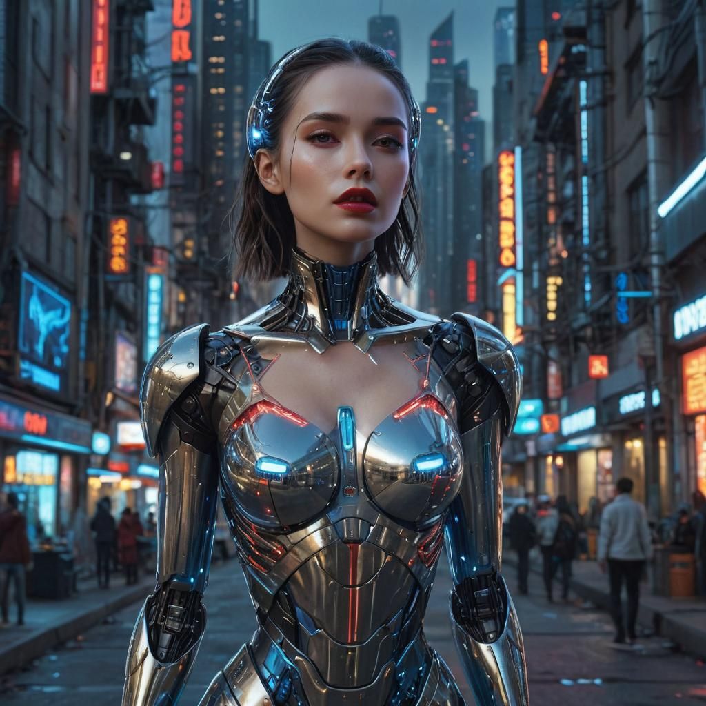 Futuristic Robot Girl in Neon Cityscape