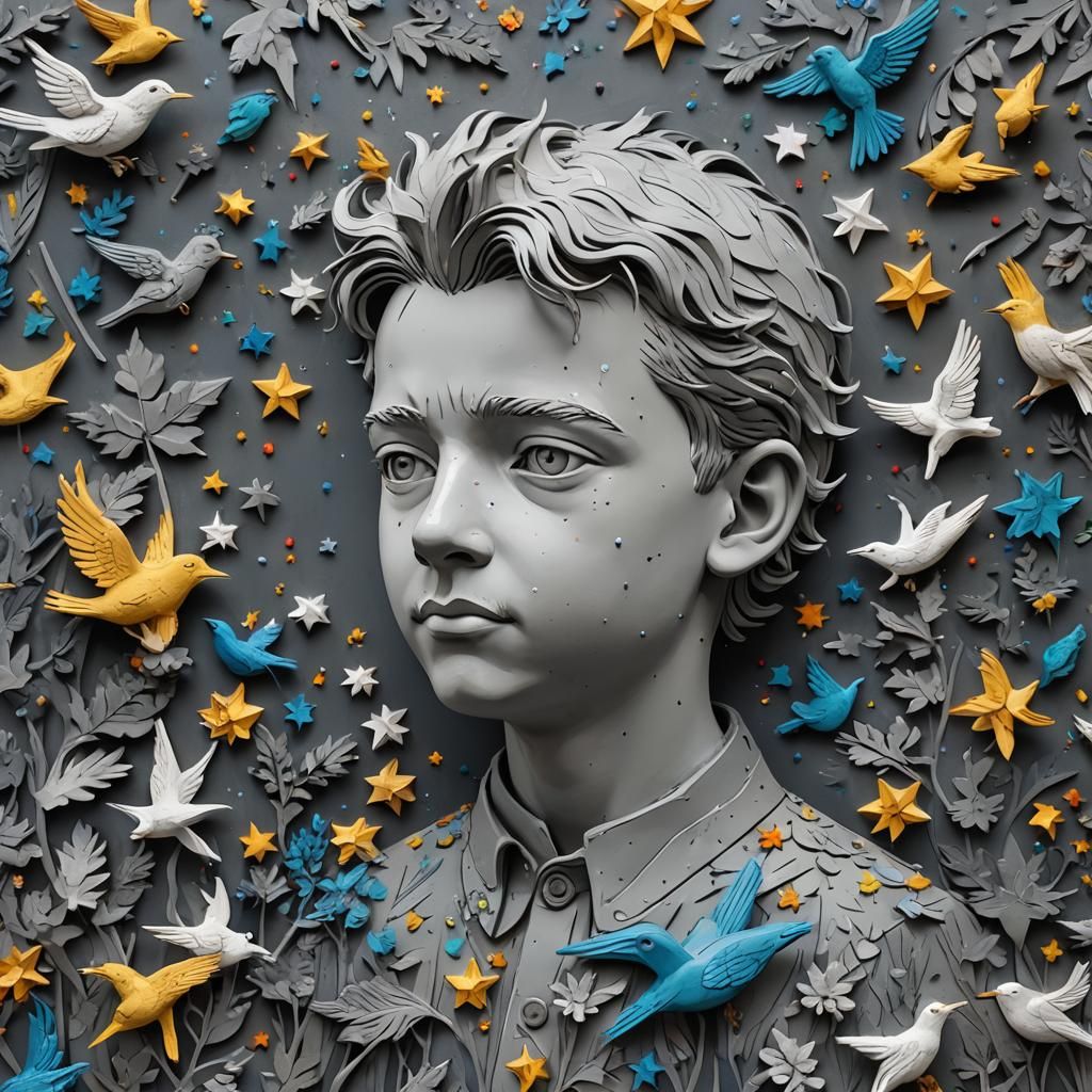 Bird Sculpture Among Flowers: Hyperrealistic Concept Art