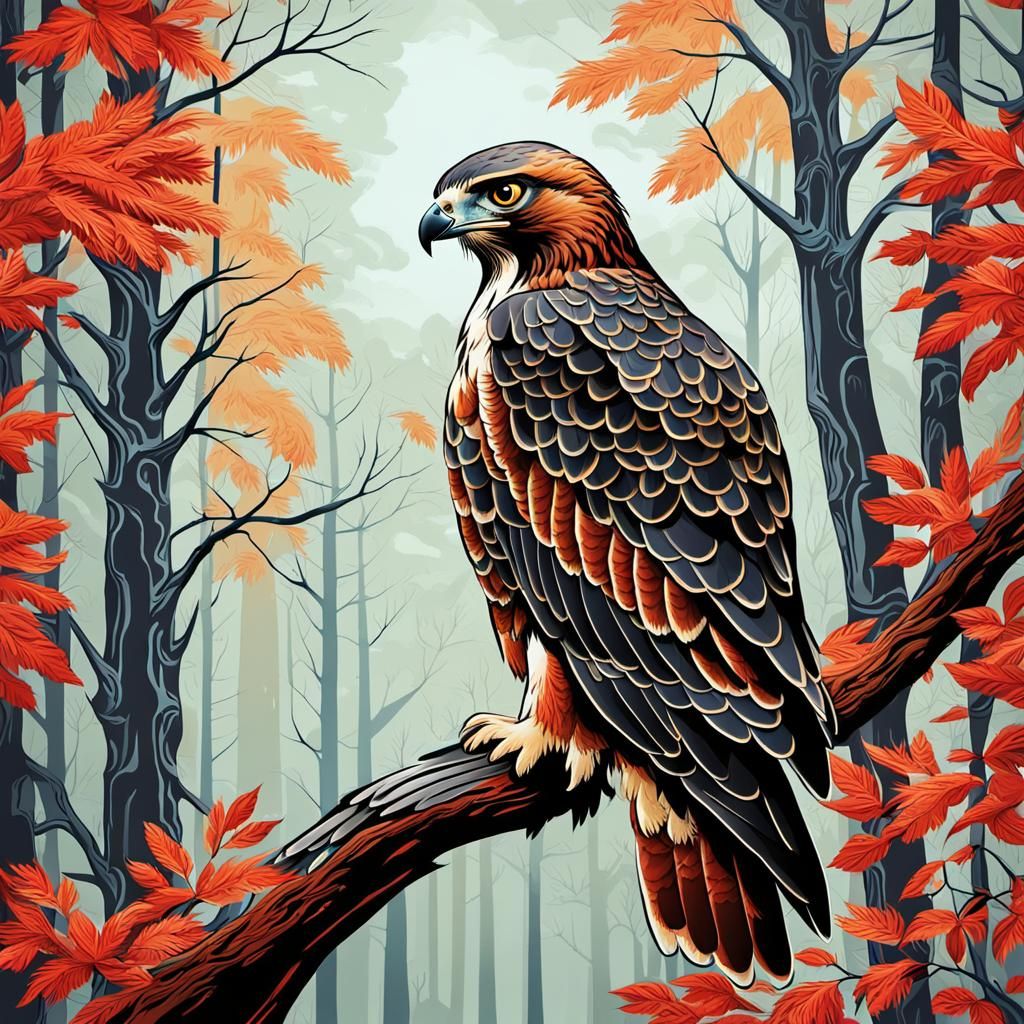 Red Tailed Hawk Perched on Forest Branch