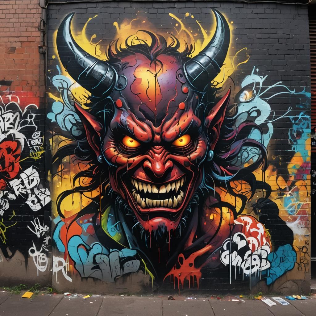 Demon Spray Painting Graffiti in Urban Street Art