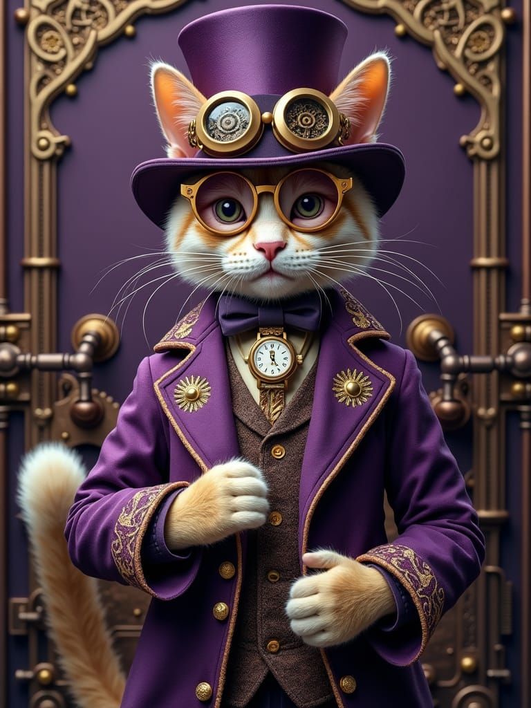 Steampunk Cat with Purple Hat and Goggles