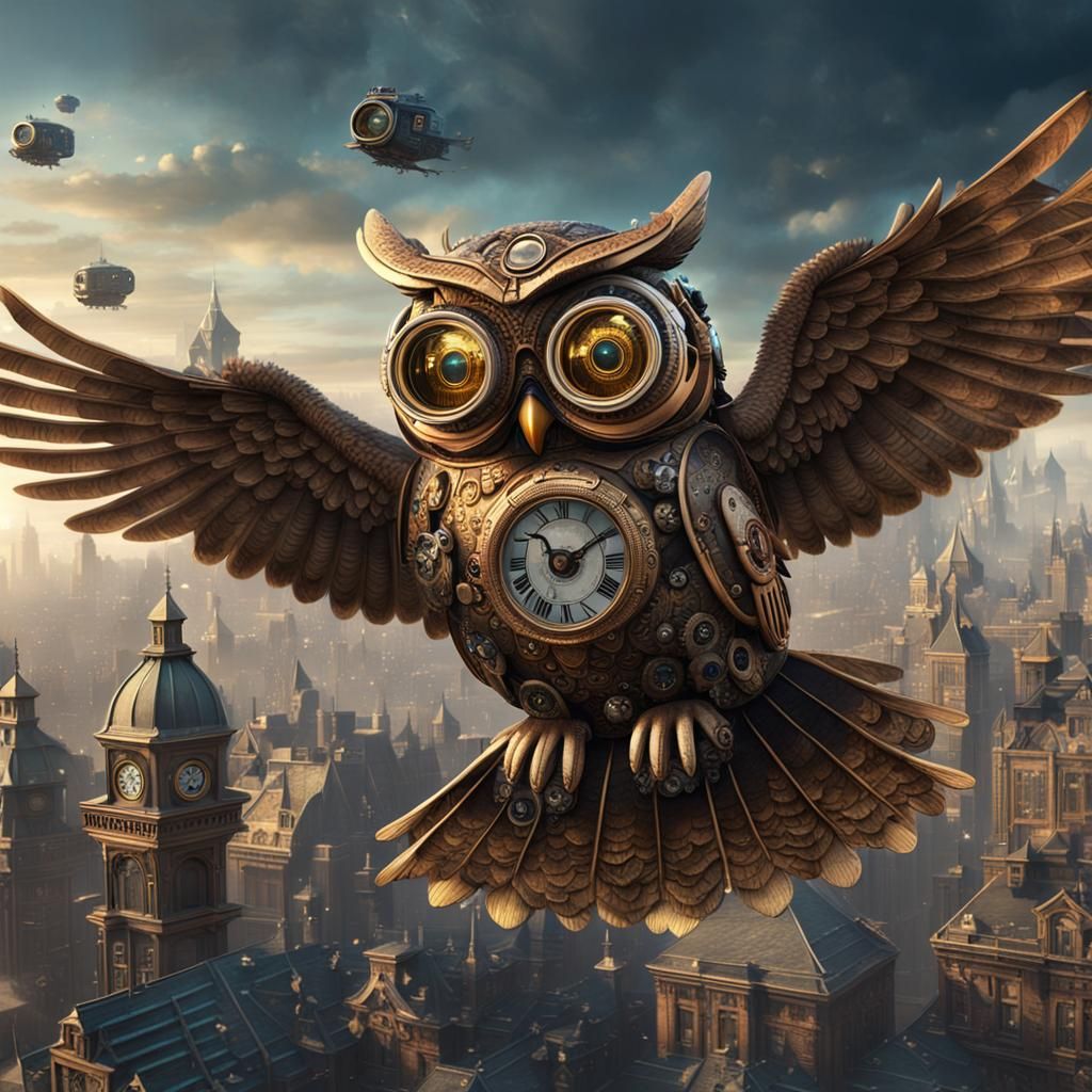 Steampunk Owl Flying Over Victorian Cityscape