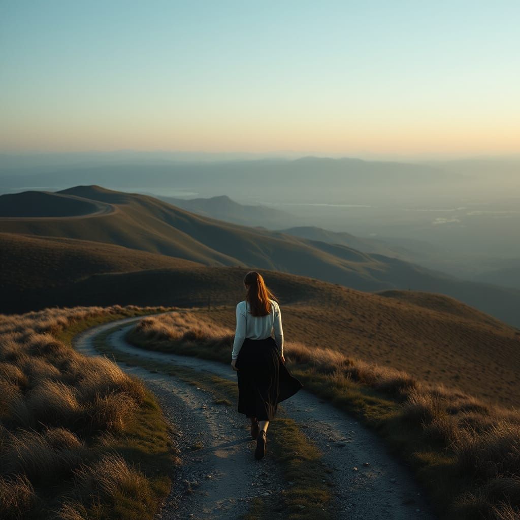 Dreamy Landscape of a Woman Walking Through a Serene Valley