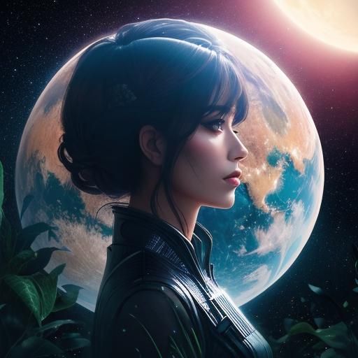Surreal Double Exposure: Woman and Alien Planet