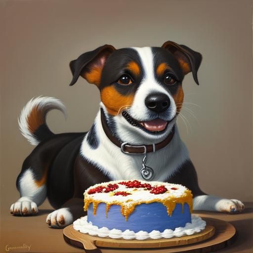A Jack Russell Dog dog baking a cake