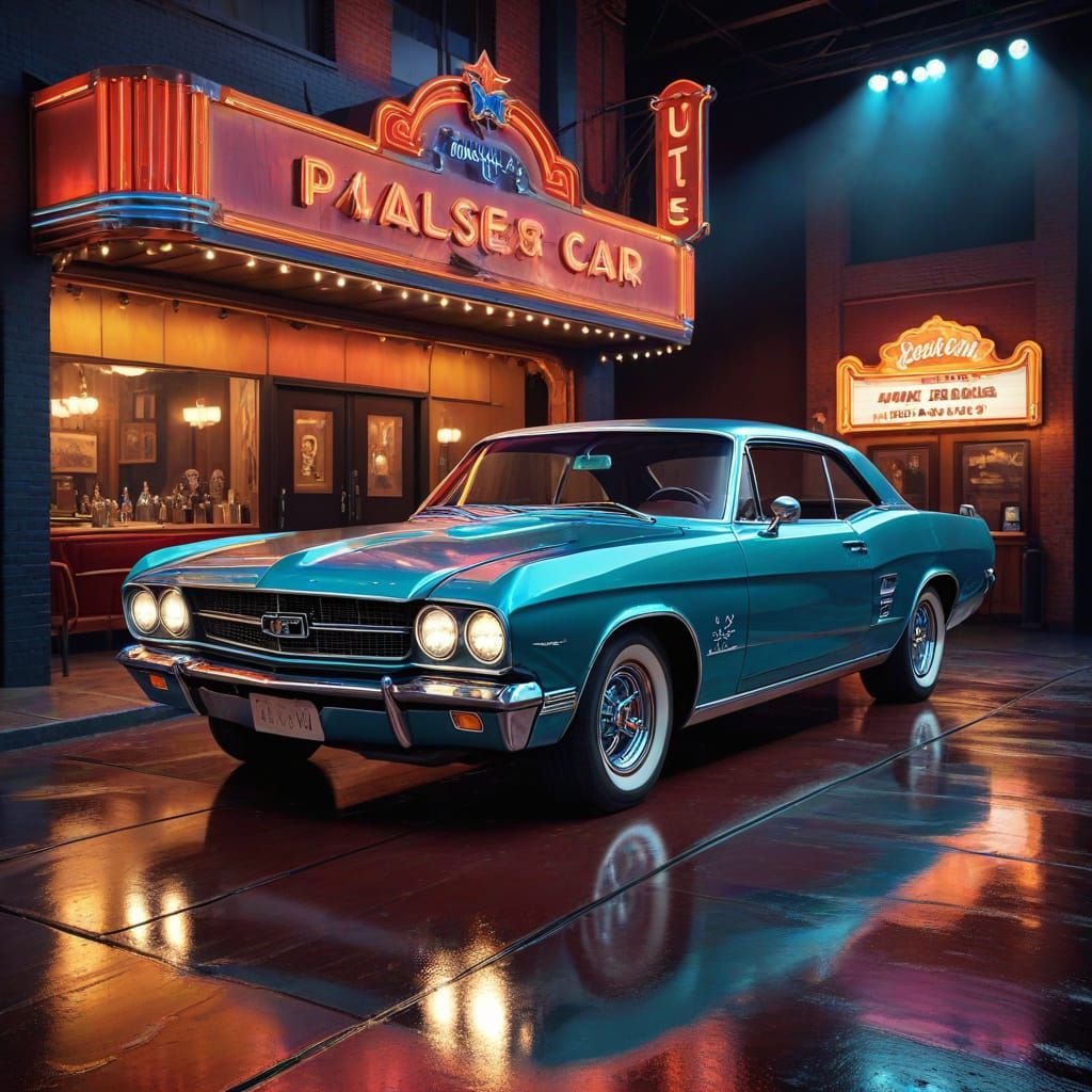 Retro Muscle Car on Vintage Theatre Stage Painting