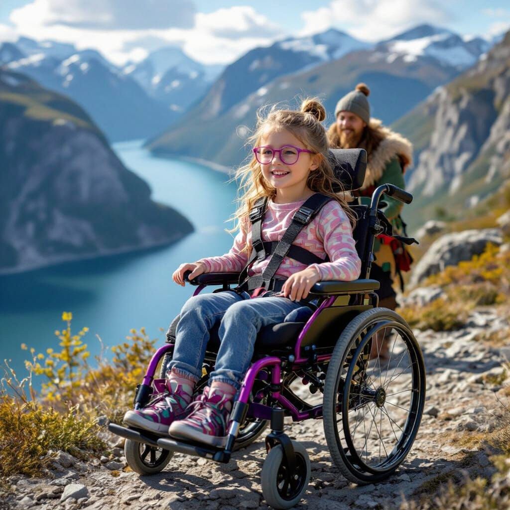 Happy Girl in Magenta Wheelchair on Mountain Trail
