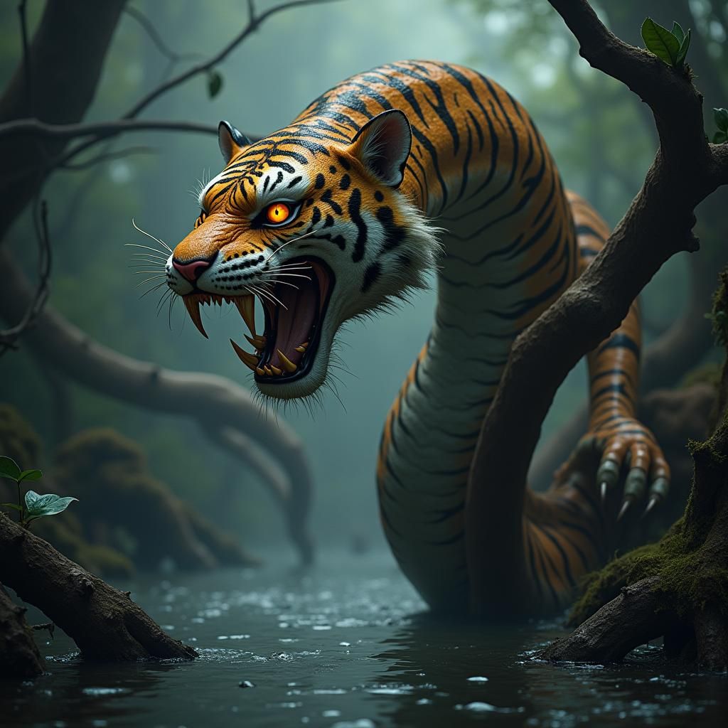 Grotesque Tiger-Snake Fusion in Murky River
