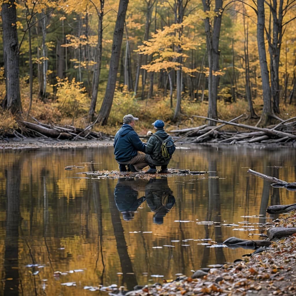 Father and Son Fishing at Autumn Lake