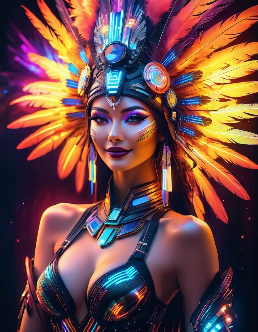 Futuristic Showgirl with Neon Circuits, Digital Painting