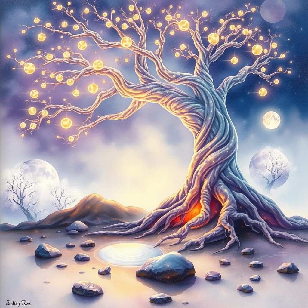 Enchanted Tree in Whimsical Watercolor Fantasy