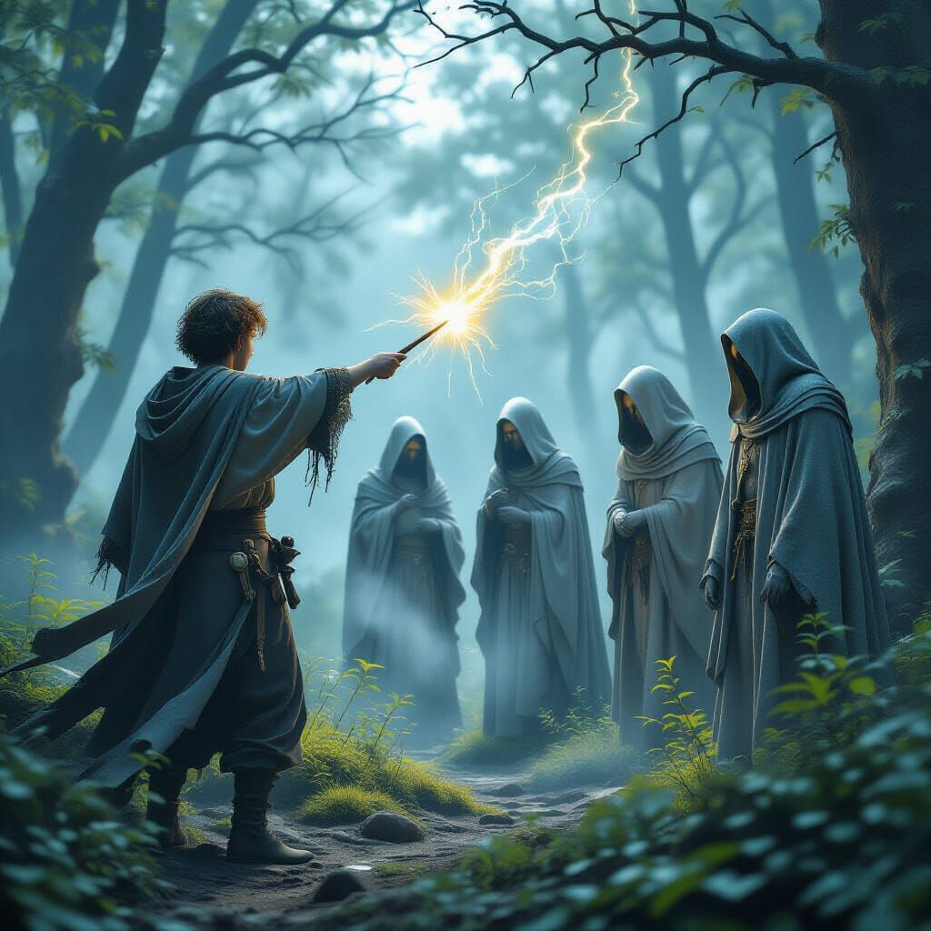 Young Wizard Confronts Spectres in Misty Clearing