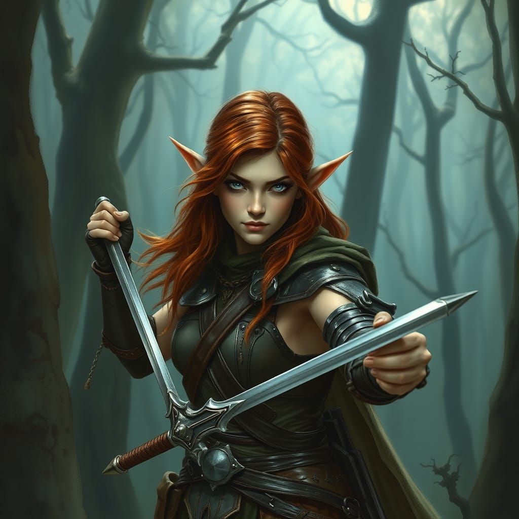 Elven Rogue in Mystical Forest, Fantasy Illustration