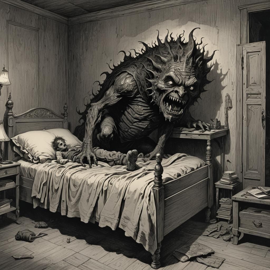 Child's Terrible Monster Under Bed, Horror Illustration