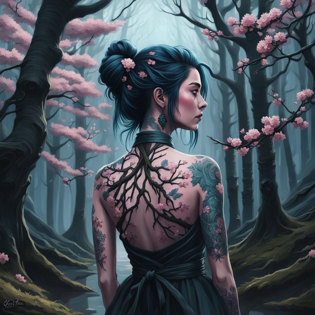 Gothic Girl's Cherry Blossom Tattoo in Dark Forest