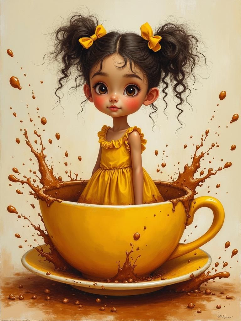 Girl's Coffee Cup Adventure in Surrealist Pop Art Style
