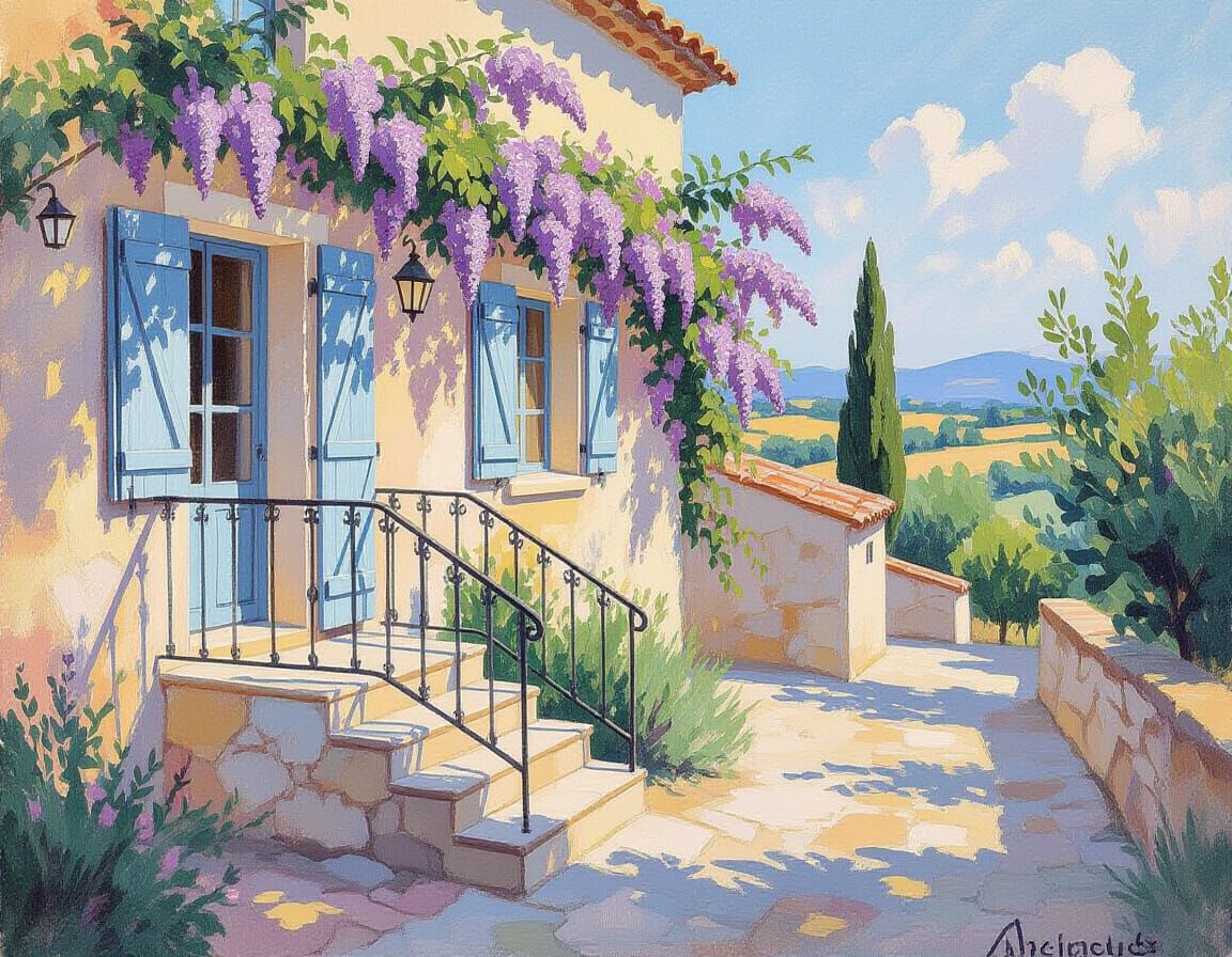House in Provence with Lilacs: Watercolour Painting