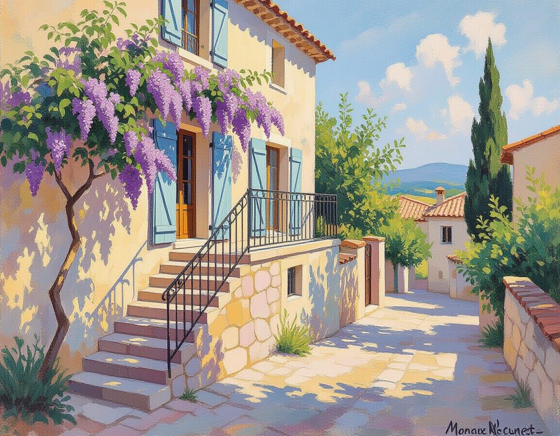 Lilacs Adorn House in Provence Watercolour