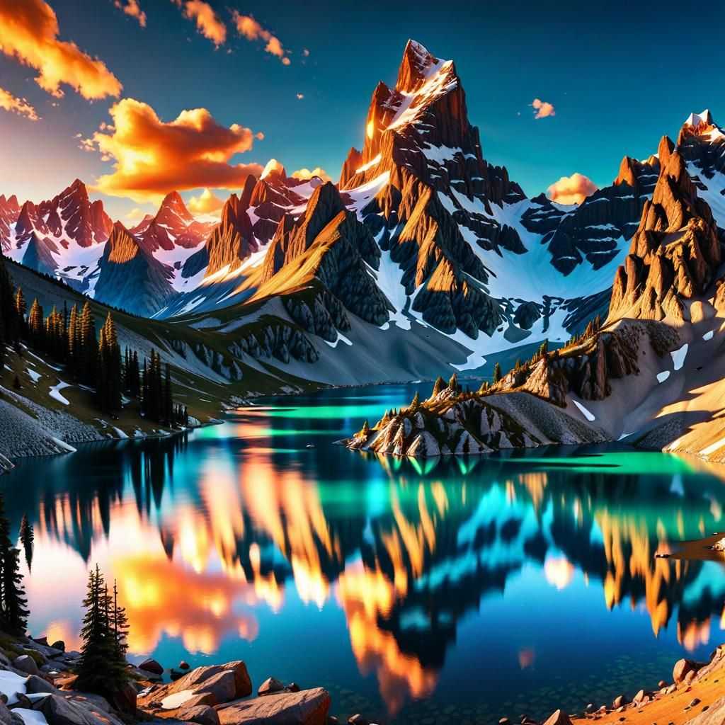 Snowy Mountains and Lake at Sunset in Hyperrealism