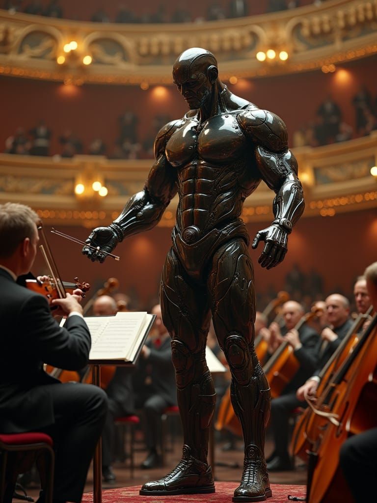 Cyberpunk Bodybuilder Conductor Leads Futuristic Concert