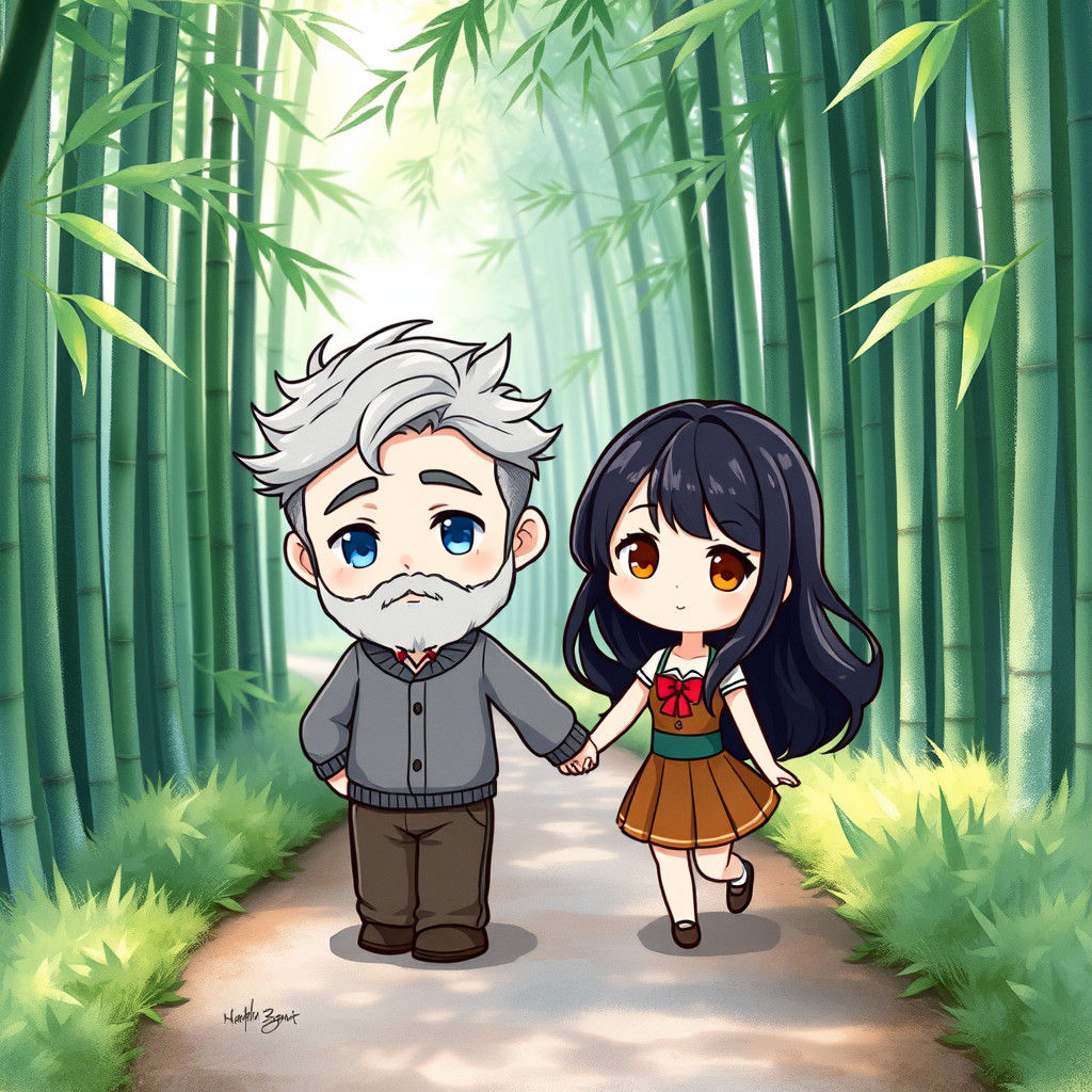 Chibi Couple Stroll in Bamboo Forest, Manga Style