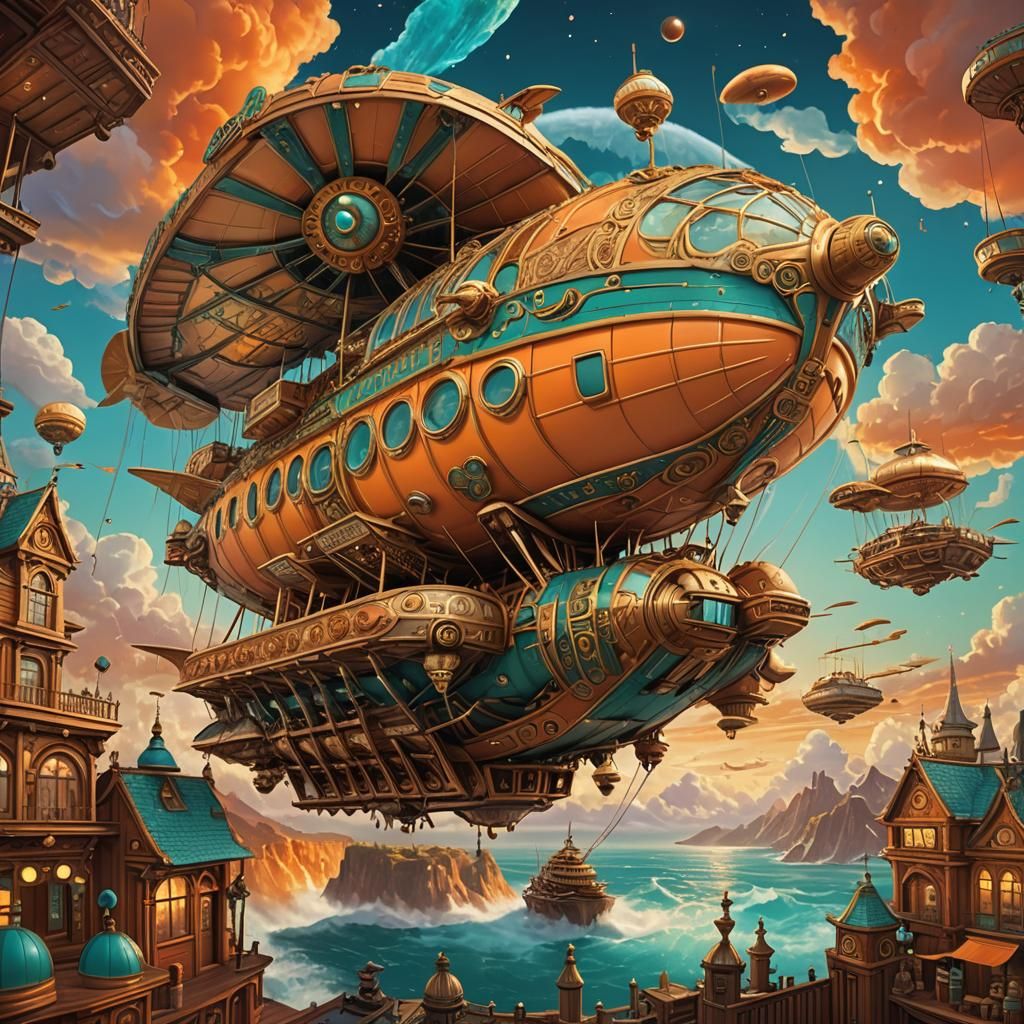 Fantasy Airship Donut Shop in Vintage Style
