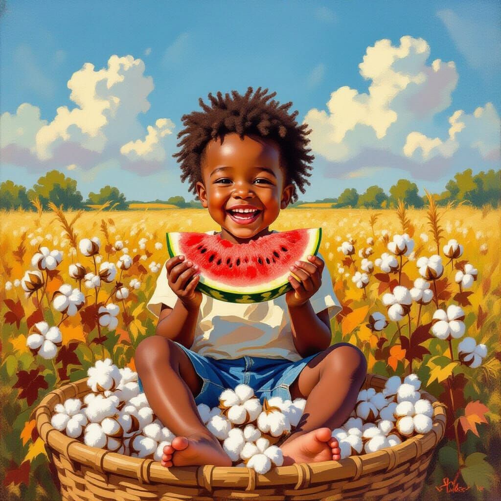 Joyful Child Eats Watermelon in Cotton Field Painting