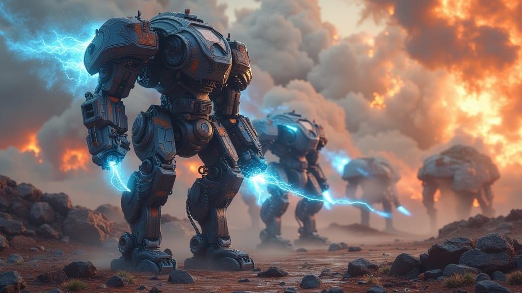 Cyberpunk War Machine Engages Foes in Intense Battle