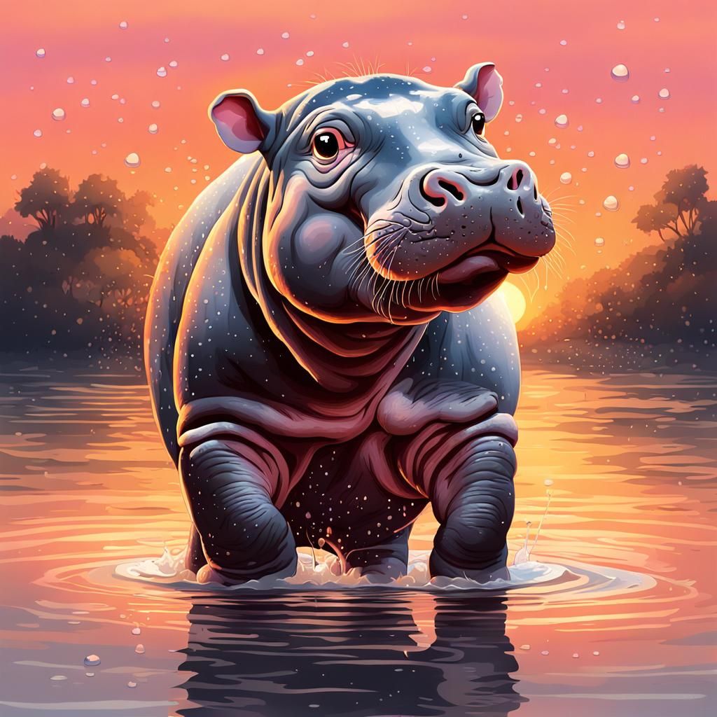 Adorable Hippo Calf Emerges in Sunset Glow