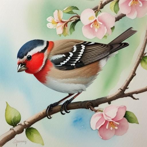 Watercolor Finch and Apple Blossom Branch