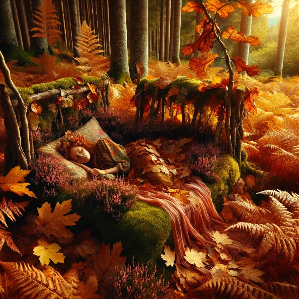 Dryad Sleeps in Enchanted Autumn Forest