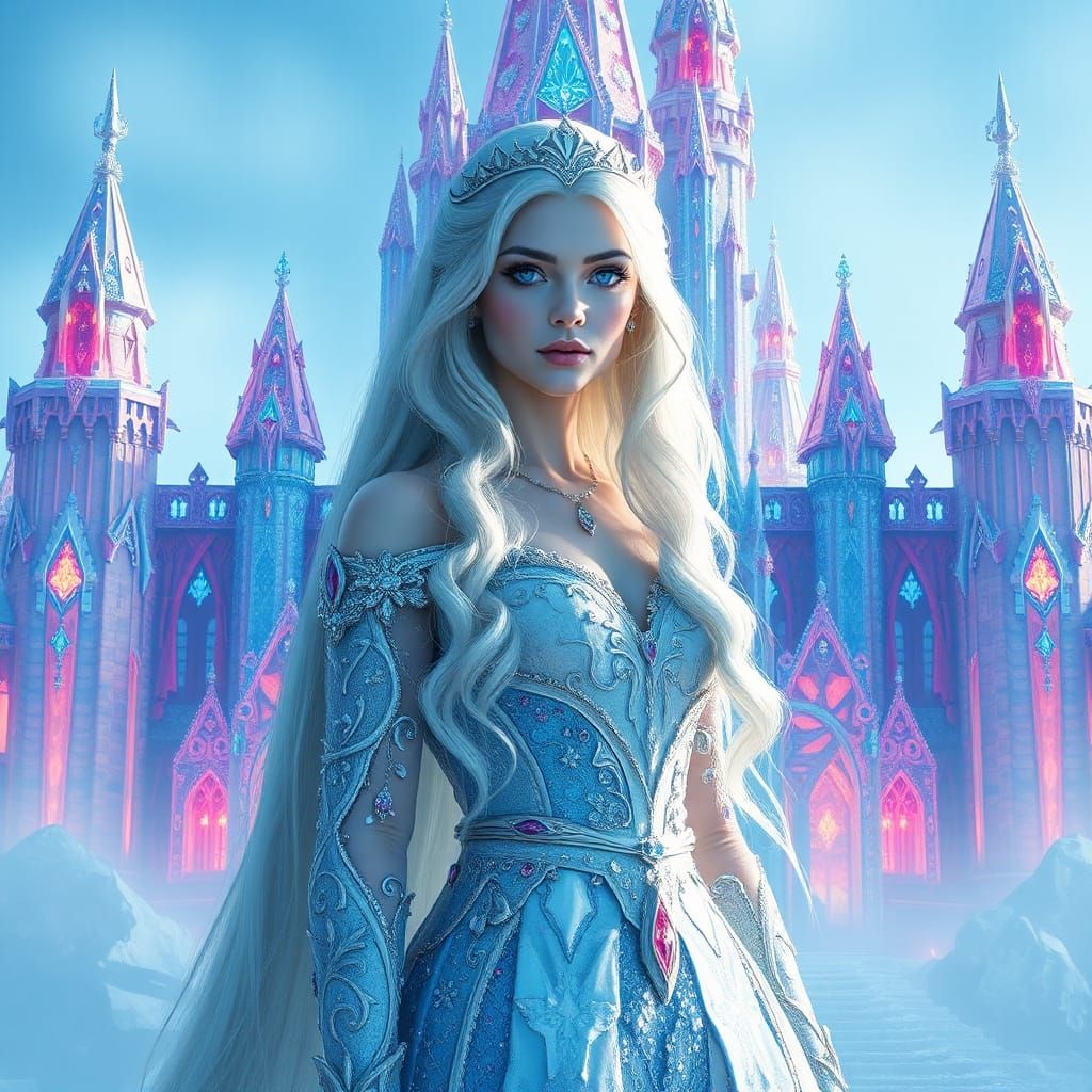 Ice Queen in Crystal Castle, Dreamlike Digital Art